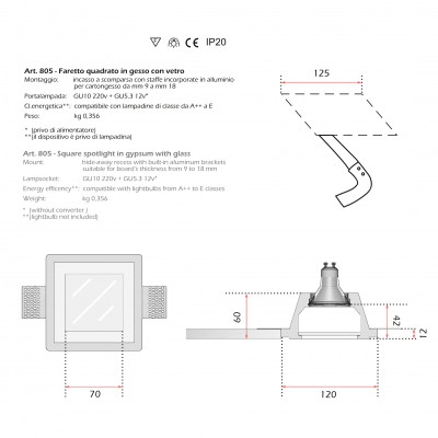 Faretto In Gesso Da Incasso Quadrato Con Vetro Gu10 Led O...