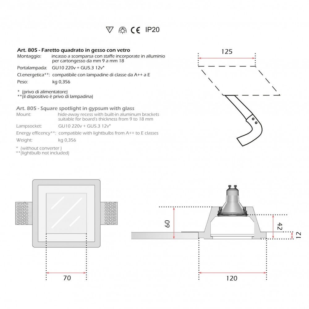 Faretto a led da incasso quadrato 12 Watt