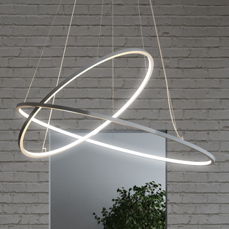 Biluce opposit lampadario led con anelli bianco, nero, grigio e oro. Lampade a led sospensione