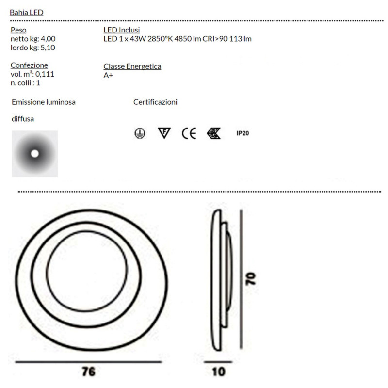 FOSCARINI BAHIA LED - SCHEDA TECNICA MISURE