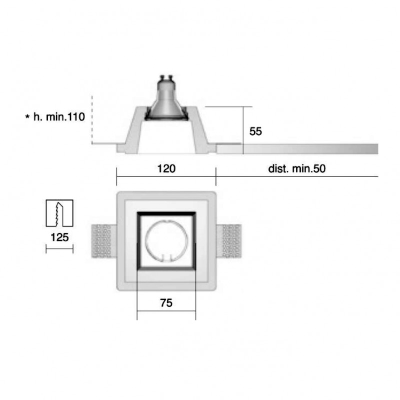 Faretto In Gesso Incasso Quadrato Retrocesso GU10